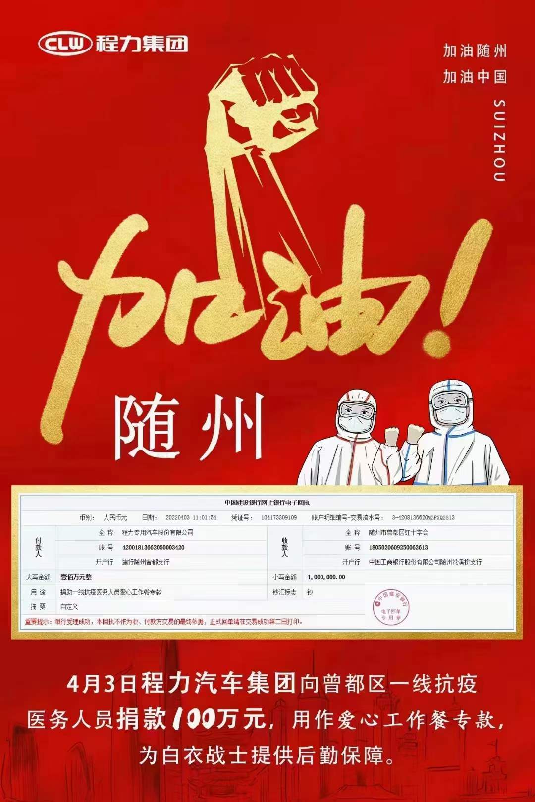 程力汽車集團(tuán)捐贈百萬愛心工作餐?？钪σ咔榉揽卣蔑@社會擔(dān)當(dāng)
